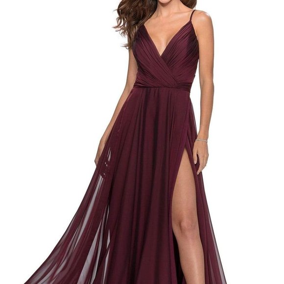 La Femme 28611SC Pleated Ornate Chiffon High Slit Prom Dress Size 8 - Picture 2 of 7